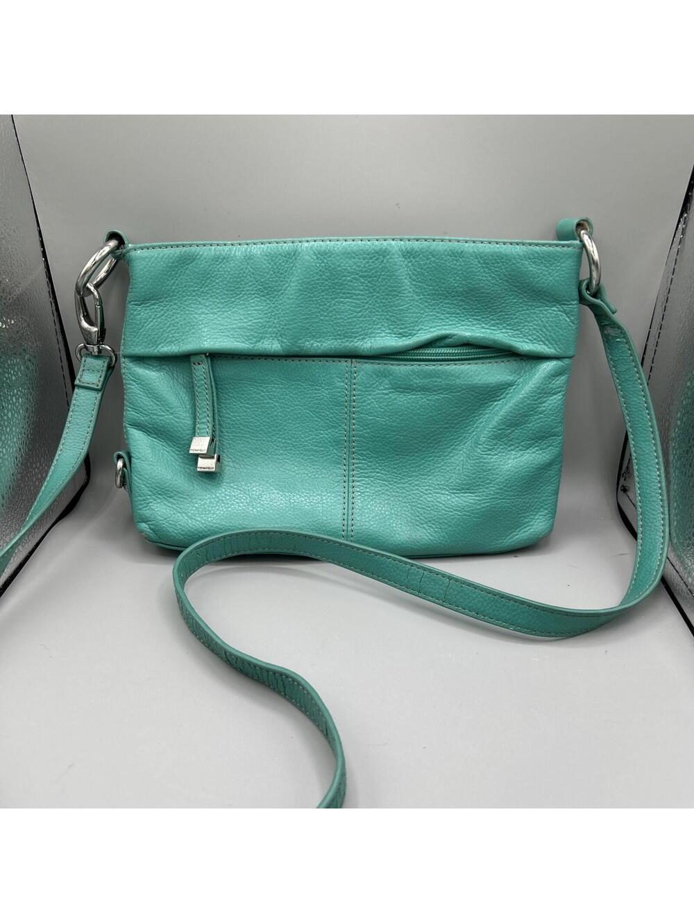 Tignanello Teal Leather Drawstring Adjustable Shoulder Bucket Bag Purse